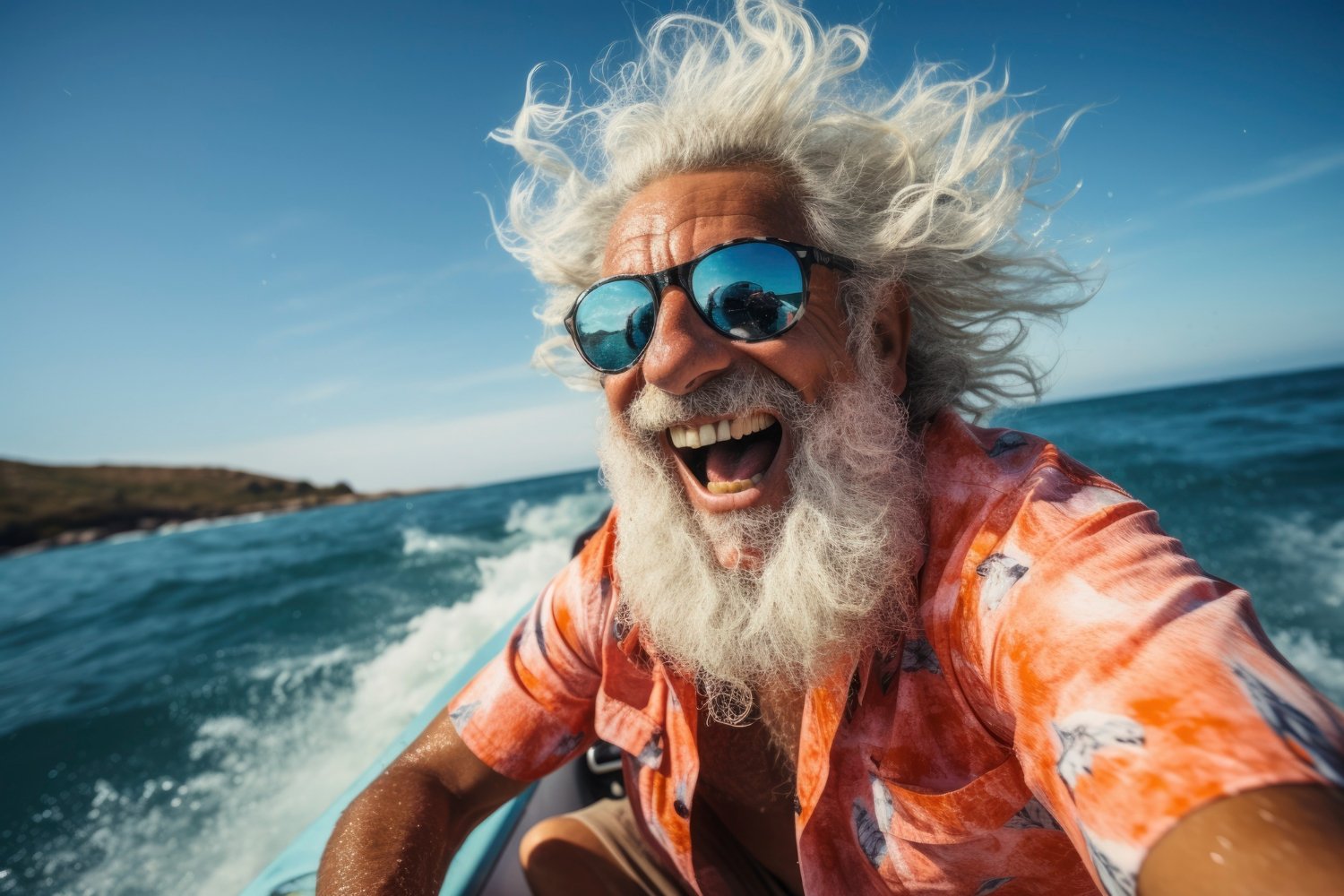 A laughing silver-haired man in sunglasses enjoying a boat ride