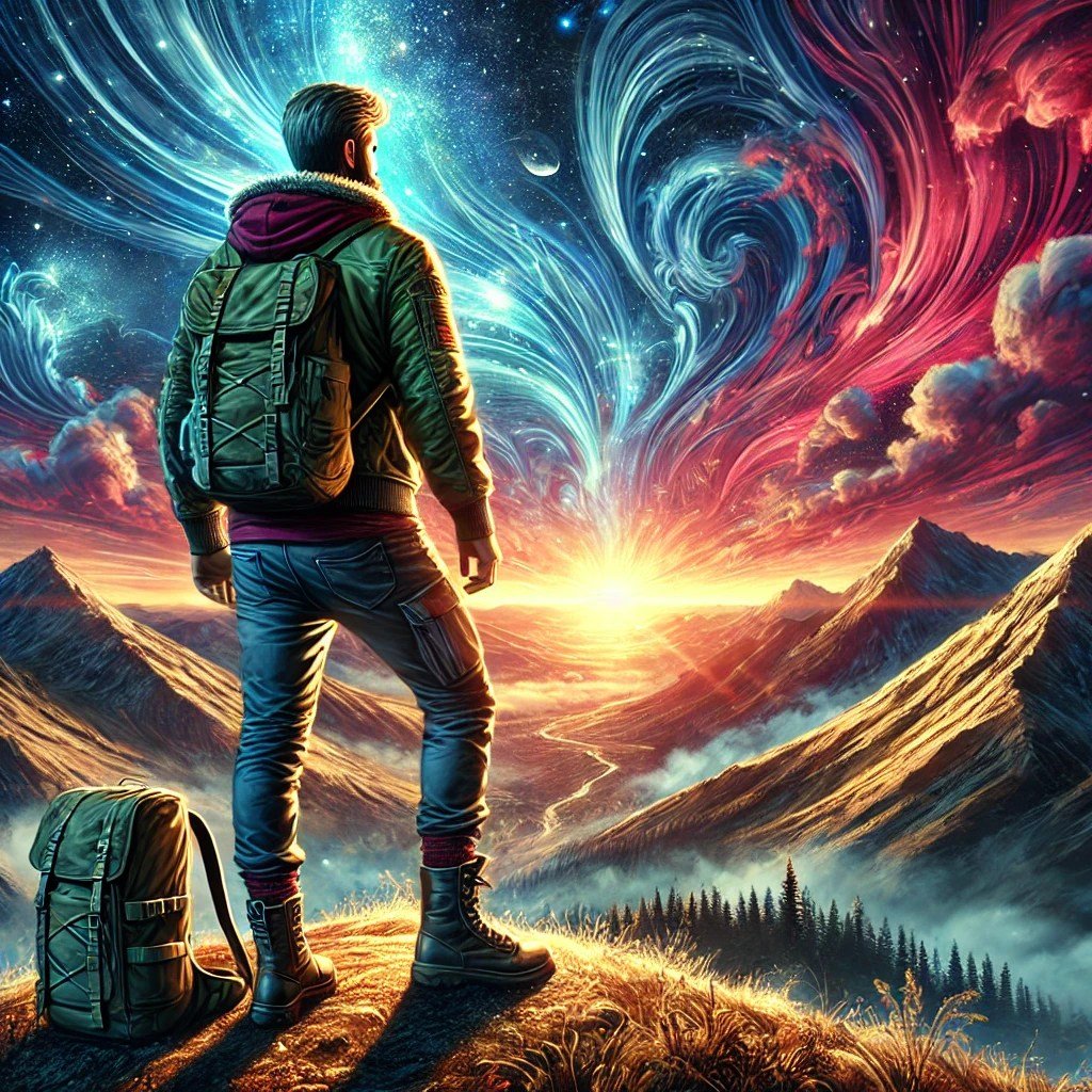 Illustration of a hiker looking towards a bright horizon beneath a colourful imagined sky