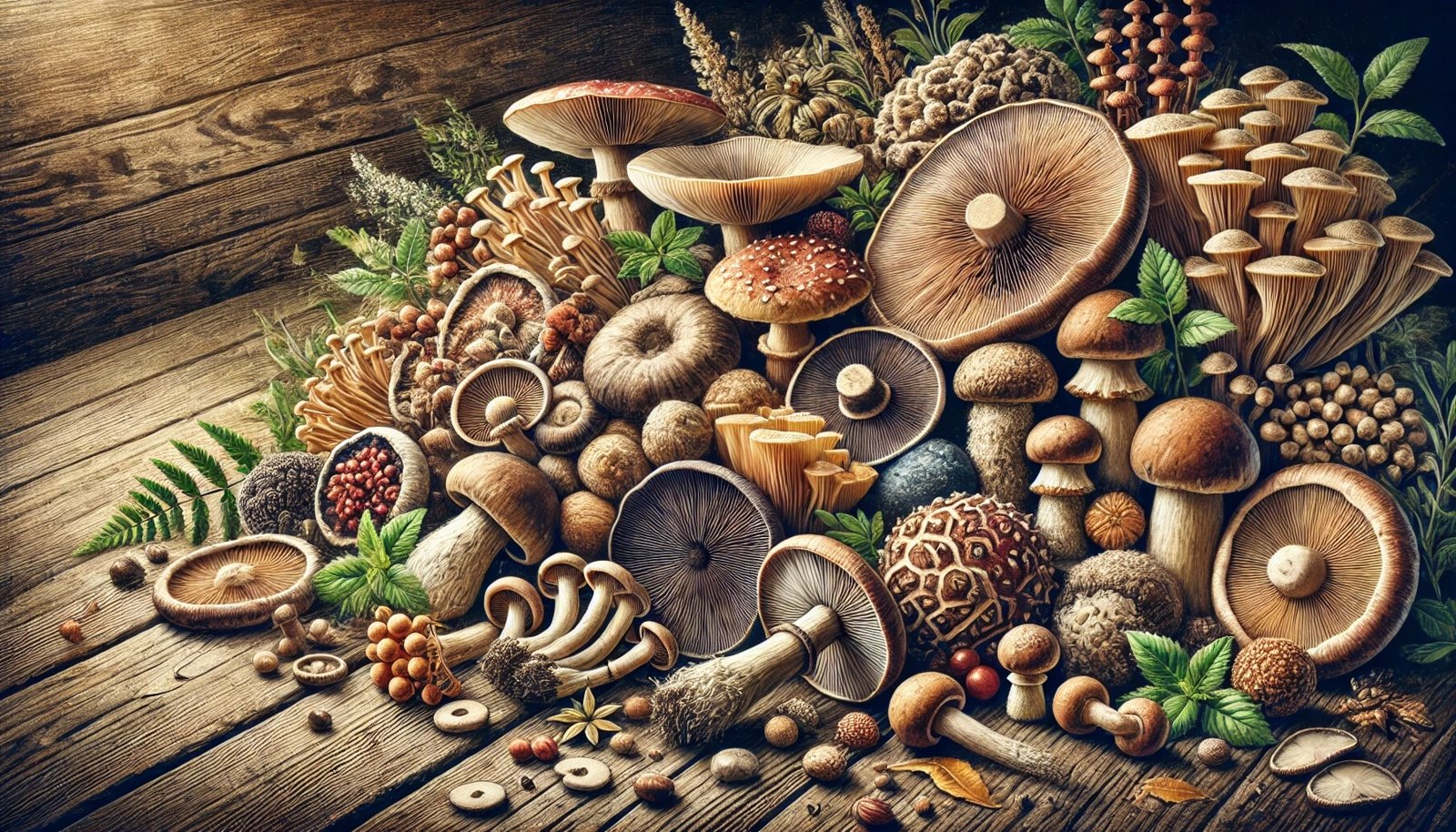 Illustration of varied mushrooms on a woodland surface