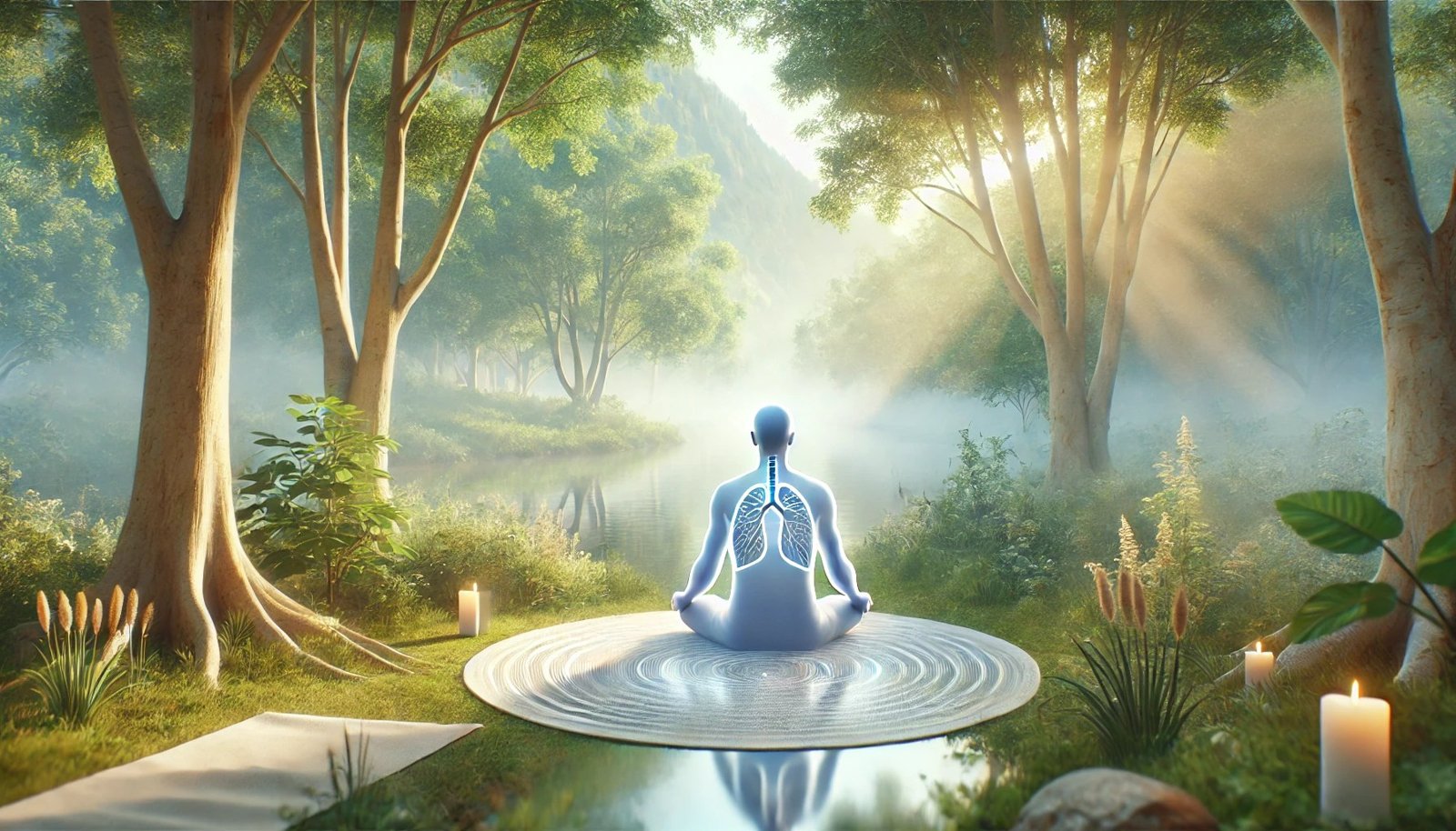 Illustration of a seated figure with stylised lungs beside a peaceful woodland pond