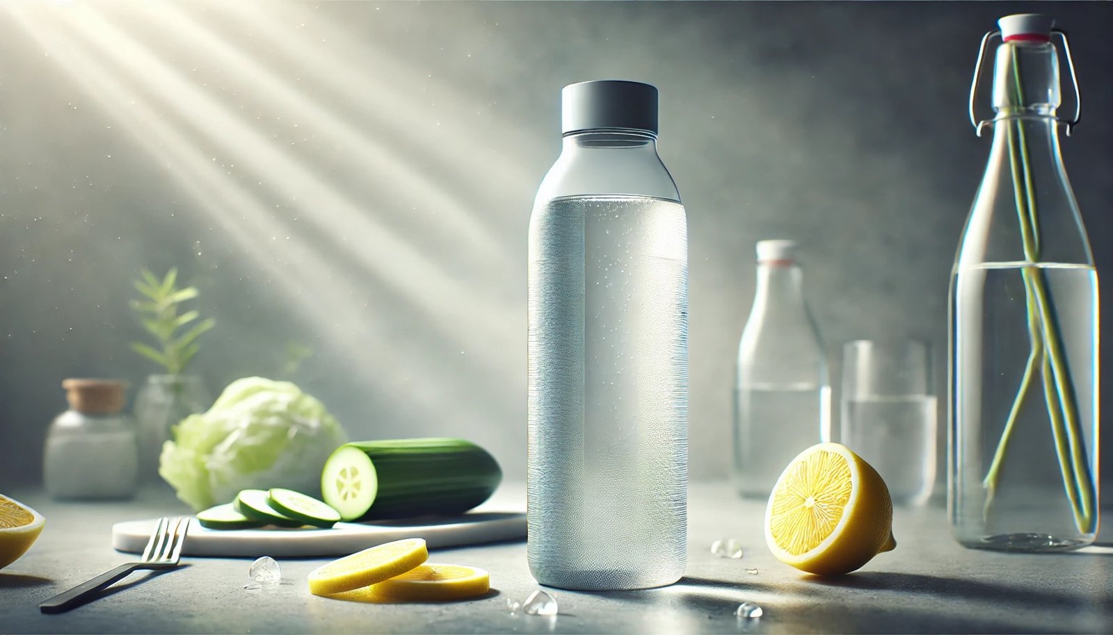 A reusable water bottle with citrus and greenery