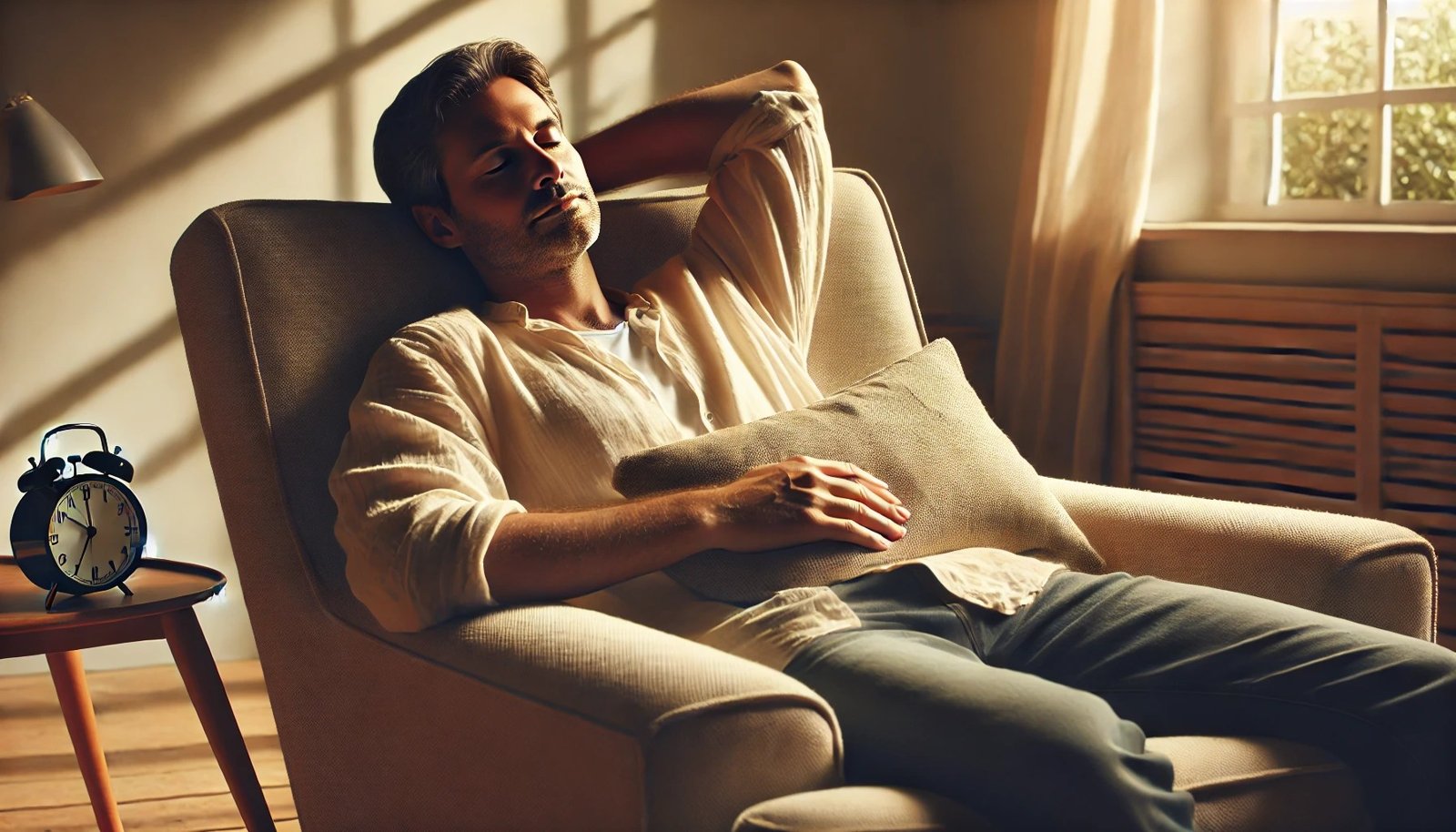 Illustration of a man resting in an armchair beside an alarm clock in afternoon light