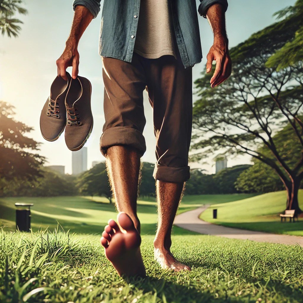 Illustration of a man walking barefoot on grass while carrying shoes