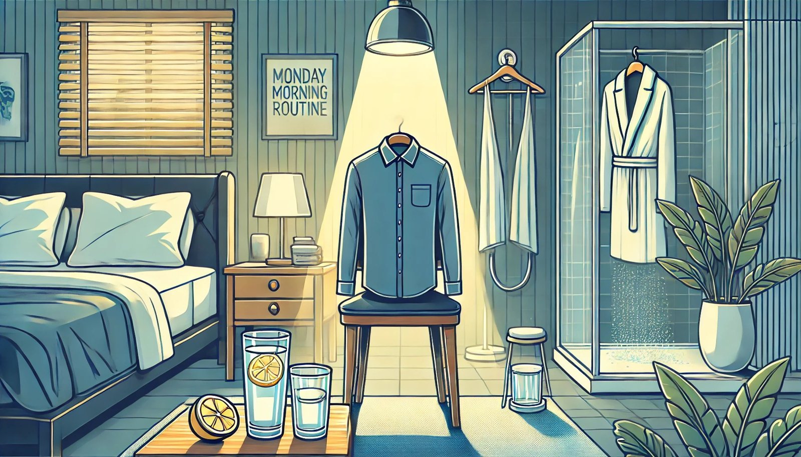 Illustration of an organised bedroom with clothes, shoes and water prepared for the morning