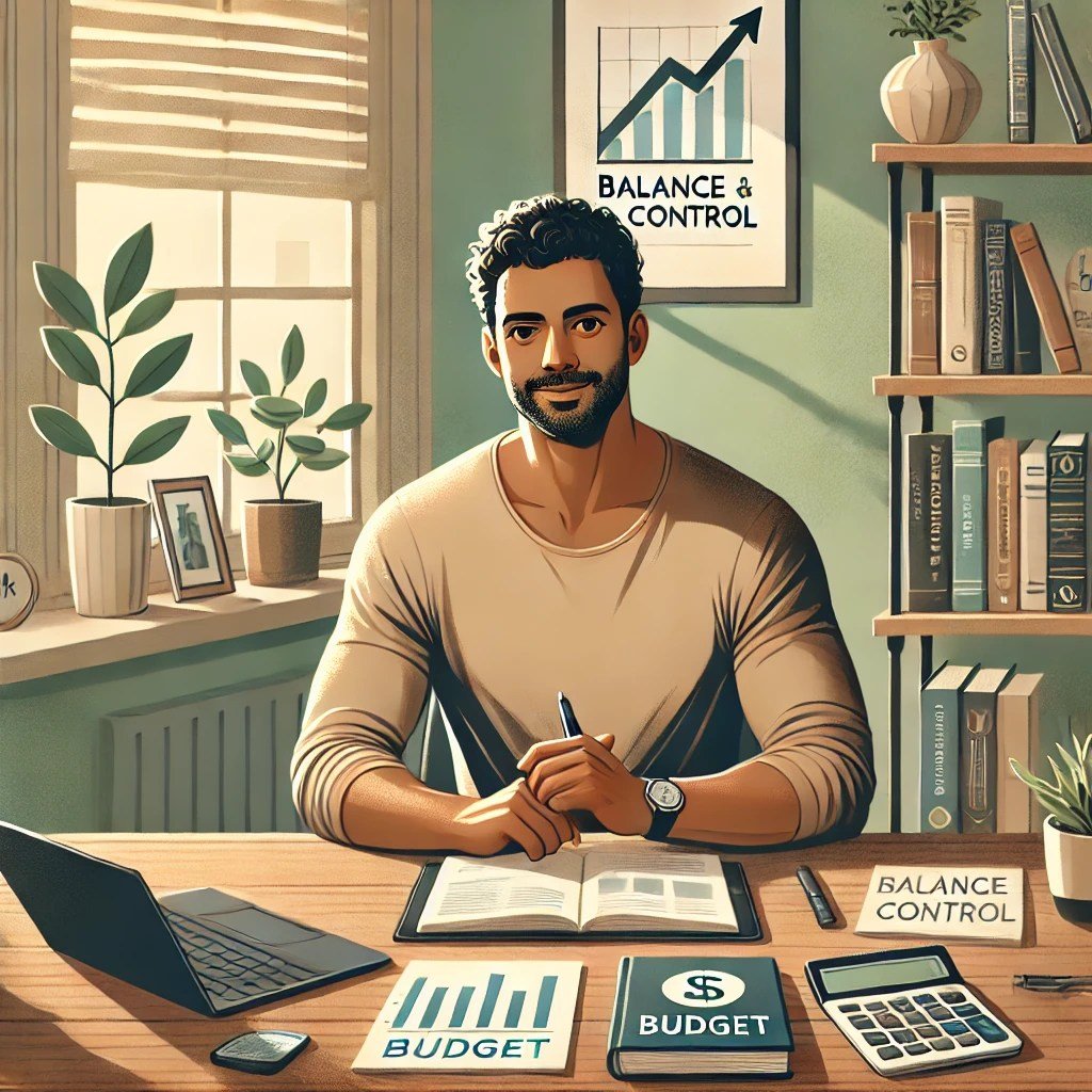 Illustration of a man at a desk reviewing household finances