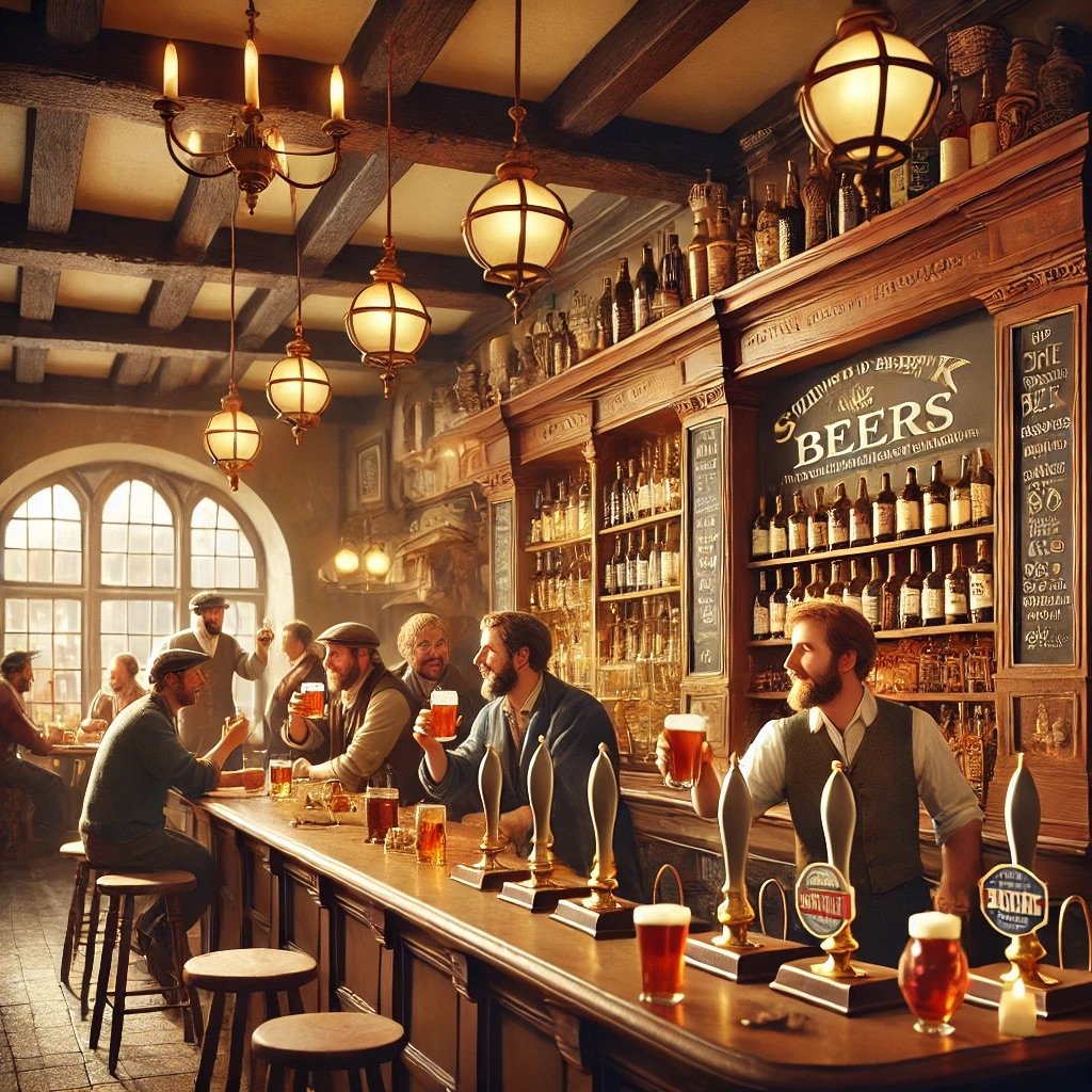 Friends sharing a conversation in a colourful illustrated pub