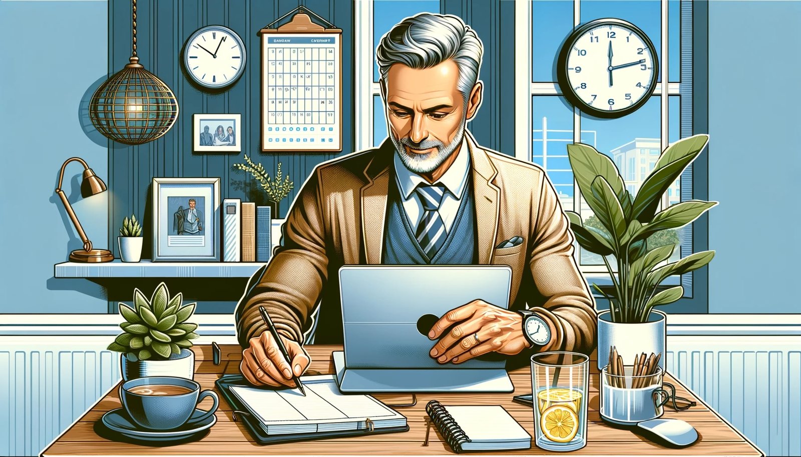 Illustration of a grey-haired man planning his day at a desk with a laptop and notebook