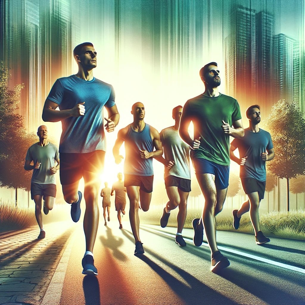 Illustration of men running outdoors in early morning light