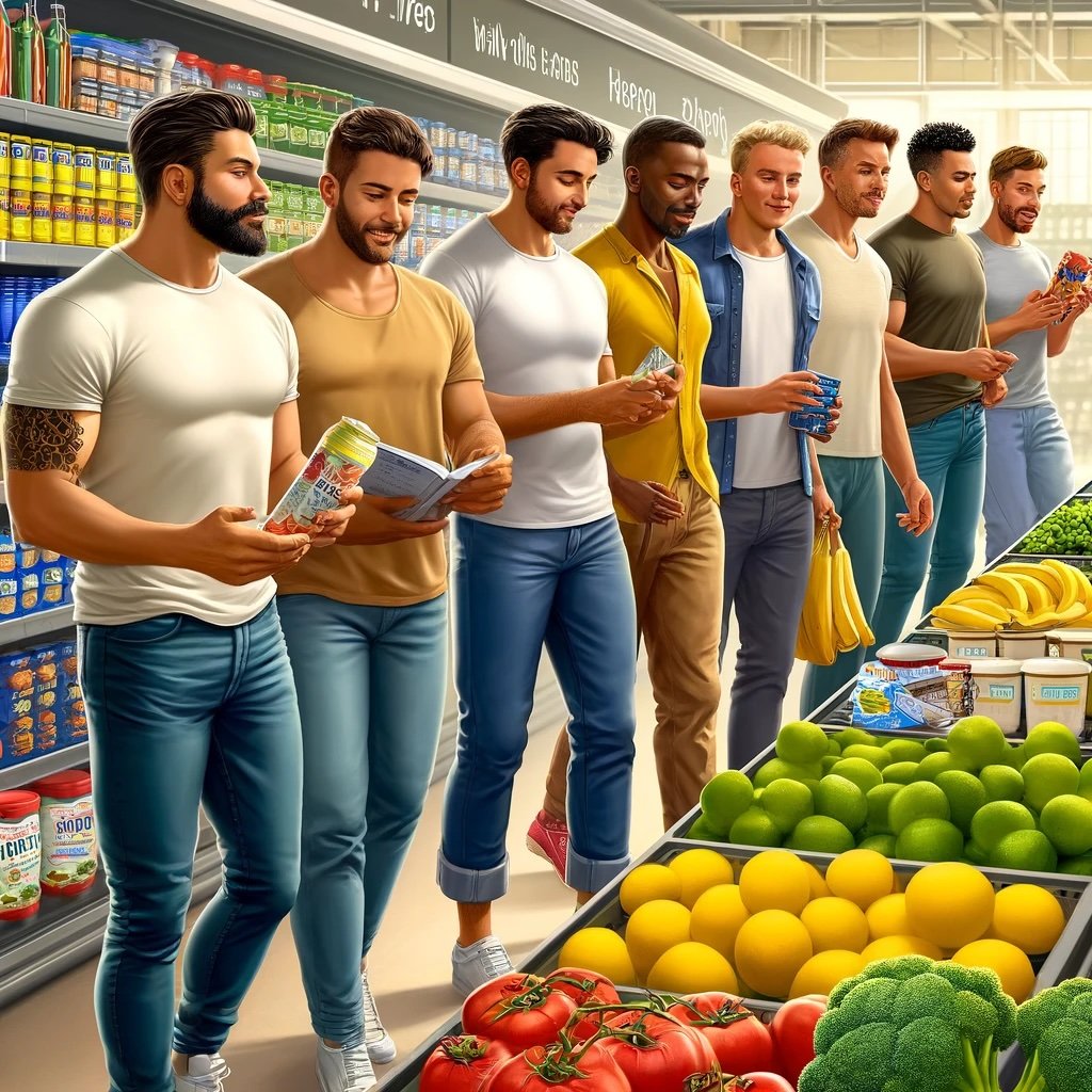 Illustration of men shopping beside colourful fruit and vegetables in a supermarket