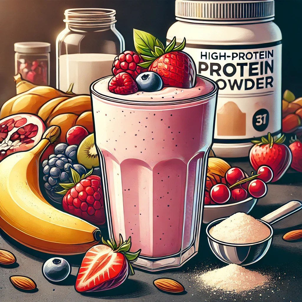 Illustration of a fruit smoothie, ingredients and protein powder