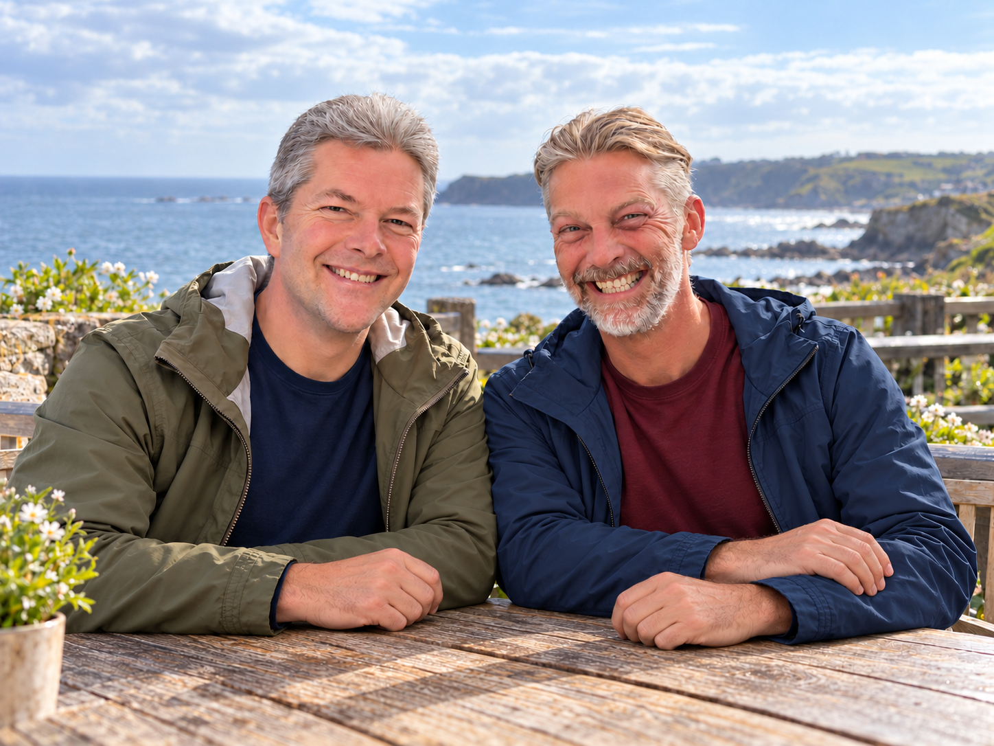 AI-edited portrait of Adrian and Pete together at a coastal café