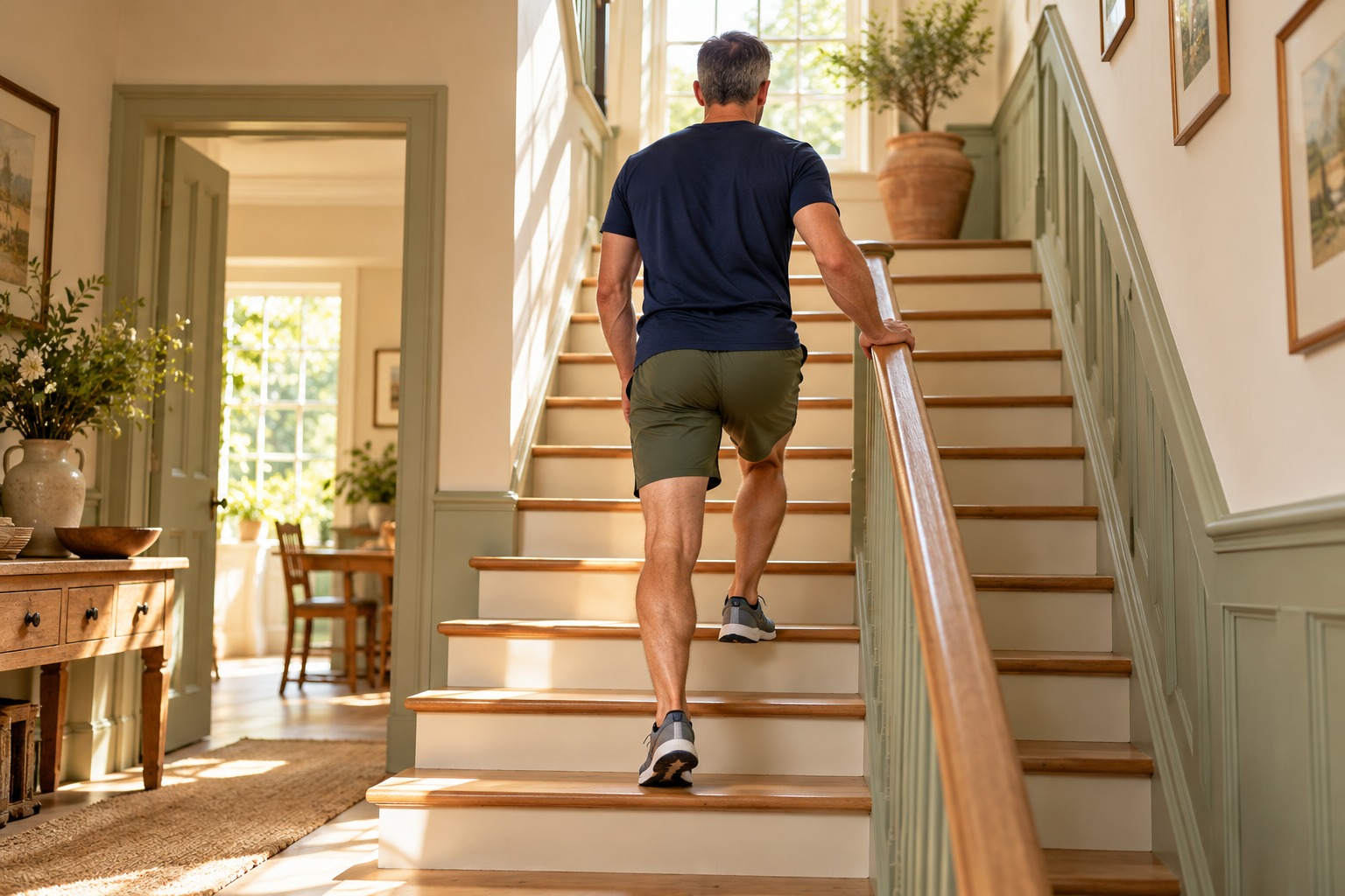 AI-generated rear-view illustration of a fit man taking the stairs with a hand on the rail